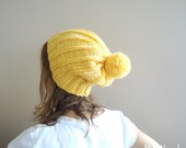 hand knitted YELLOW SLOUCHY BEANIE Winter Hat  with removable pompon ,reversible   Autumn Accessories Winter Fall Fashion