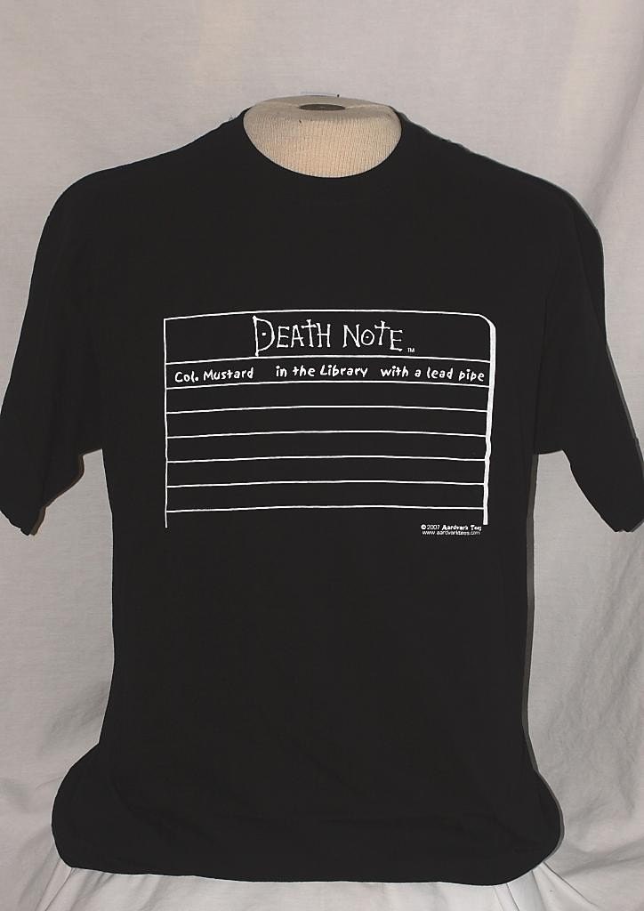 Col Mustard in the library with a lead pipe -- Death Note and Clue parody t-shirt