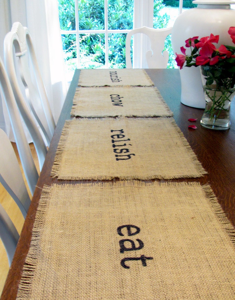 Burlap Place Mats Set of Four (eat, chow, relish, nourish)