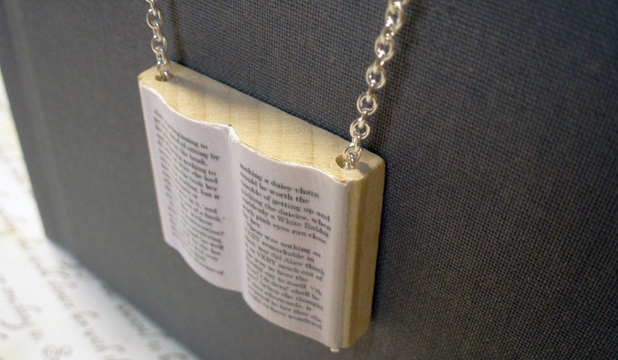 Alice in Wonderland Modern Mini Wooden Book Necklace - Unique Literature Jewelry