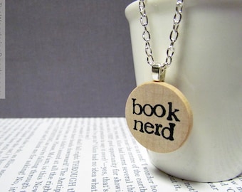Book Nerd Hand Stamped Literary Bibliophile Reader Pendant Necklace in Typewriter Font - Book Geek Jewelry