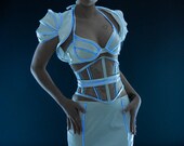 Clear PVC with luminescent icy blue glowing trim underbust corset from Artifice S/M 24" for a 27-29.5" waist (new production sample)