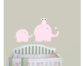 Two elephants with owl- nursery wall decal sticker