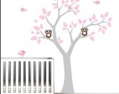 Tree with Pink Pattern Leaves Birds Owls-Nursery Wall Vinyl Decal