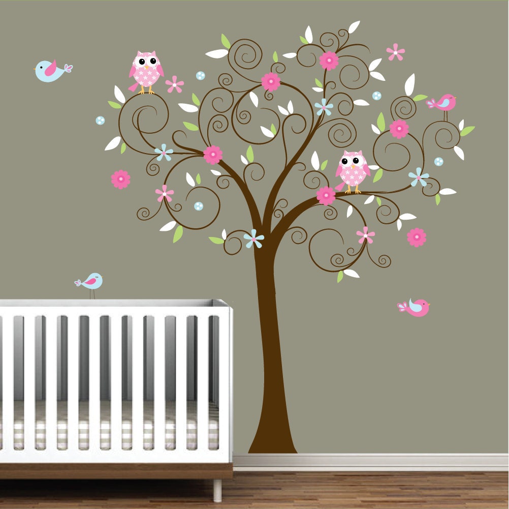 Children Vinyl Wall Decals Nursery Tree Decal with Flowers Birds Owl