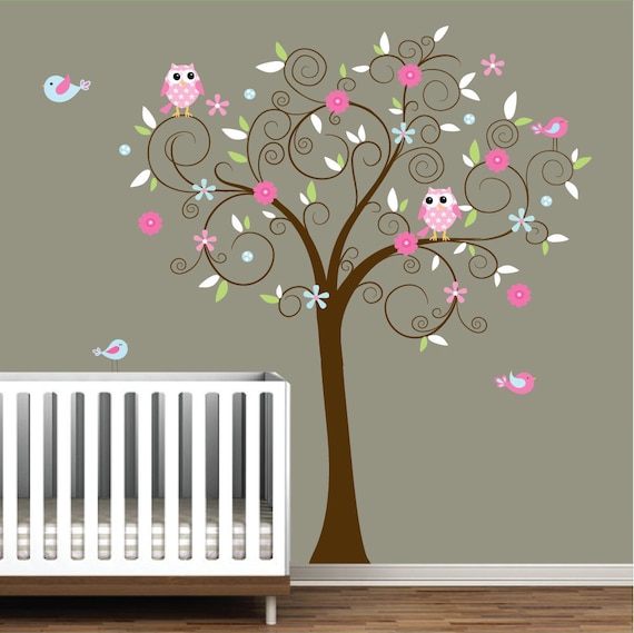 Children Vinyl Wall Decals Nursery Tree Decal with Flowers Birds Owl