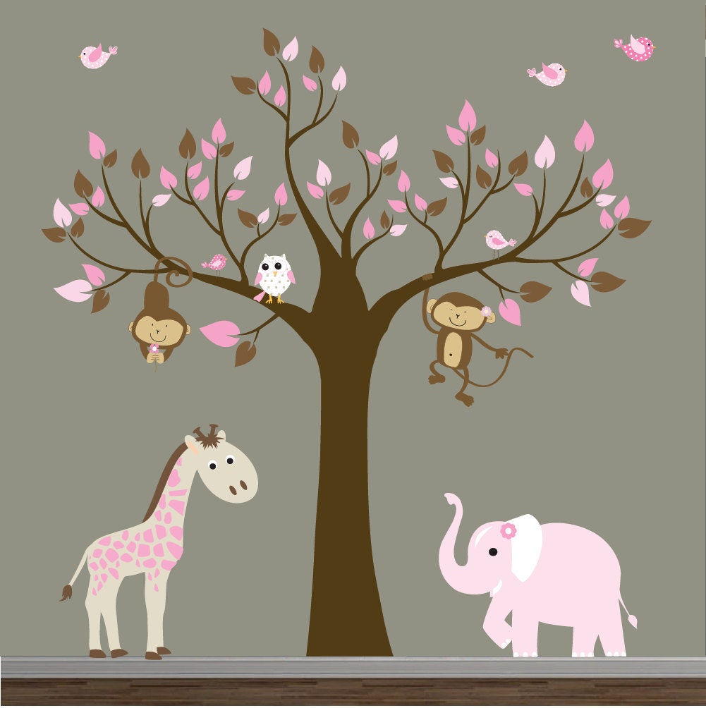 Vinyl Wall Decal Tree Jungle with Elephant Owl -Nursery Wall Vinyl Decals
