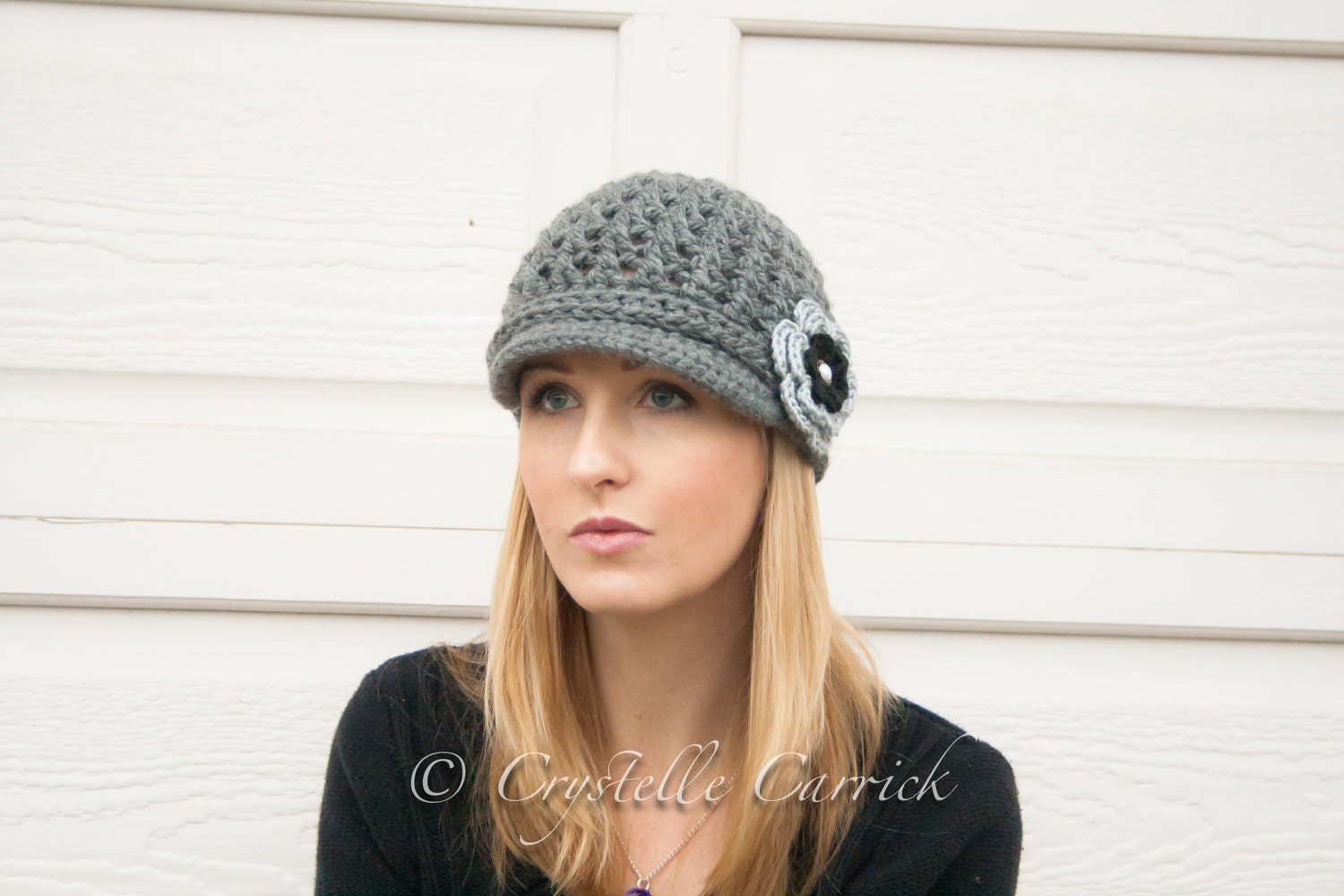 Brimmed Beanie with Band, Buttons & Removable Flower Clip