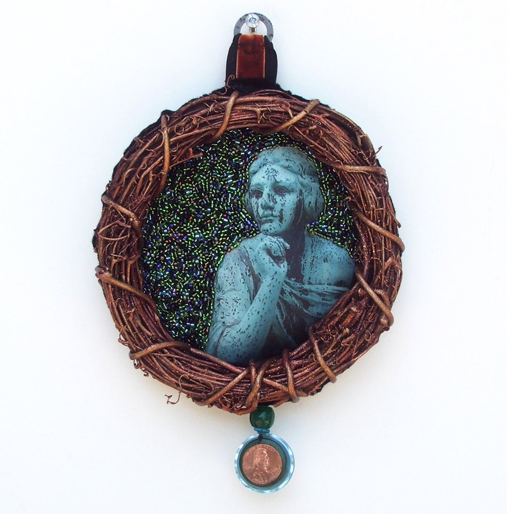 beaded wreath - A Penny For Your Thoughts (Cemetery Mourner) - angel statue, cemetery angel, copper, turquoise, penny