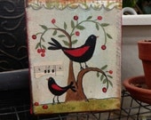 Red Wing Black Bird, Cherries, Folk Art, Primitive, Americana, 4 x 5, Original