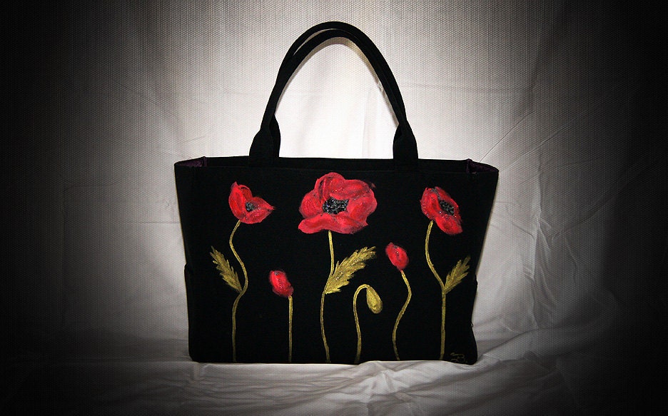 Red Poppies Large Black Canvas Tote
