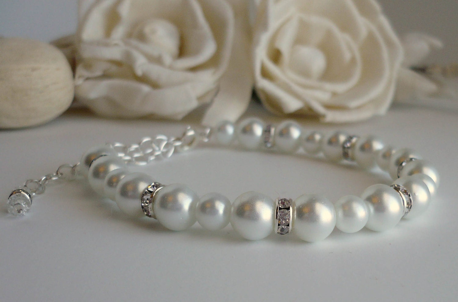 White Pearl Bridal Bracelet with Extender