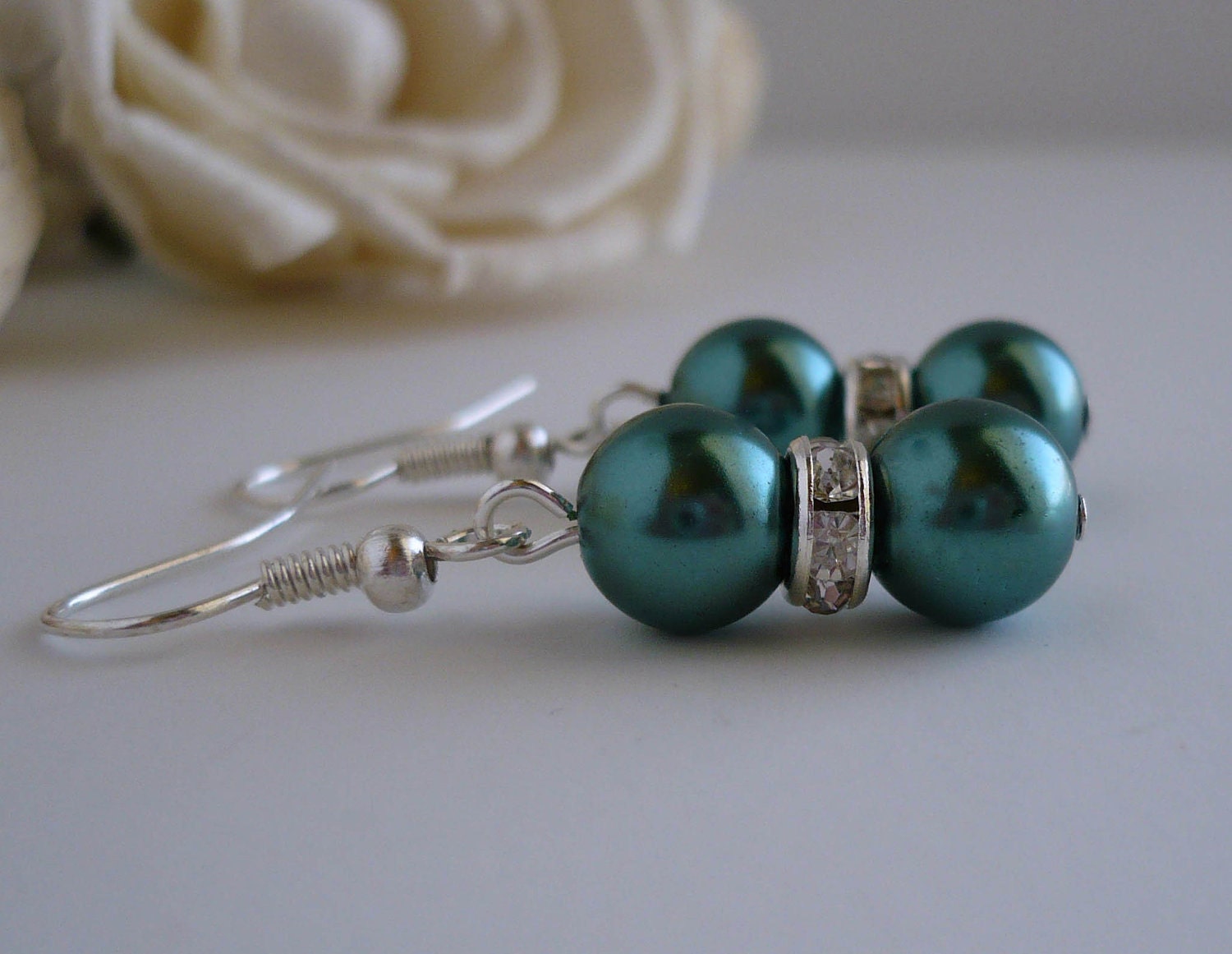 Teal Bridesmaid Earrings - Teal Green Pearls and Crystal Spacers