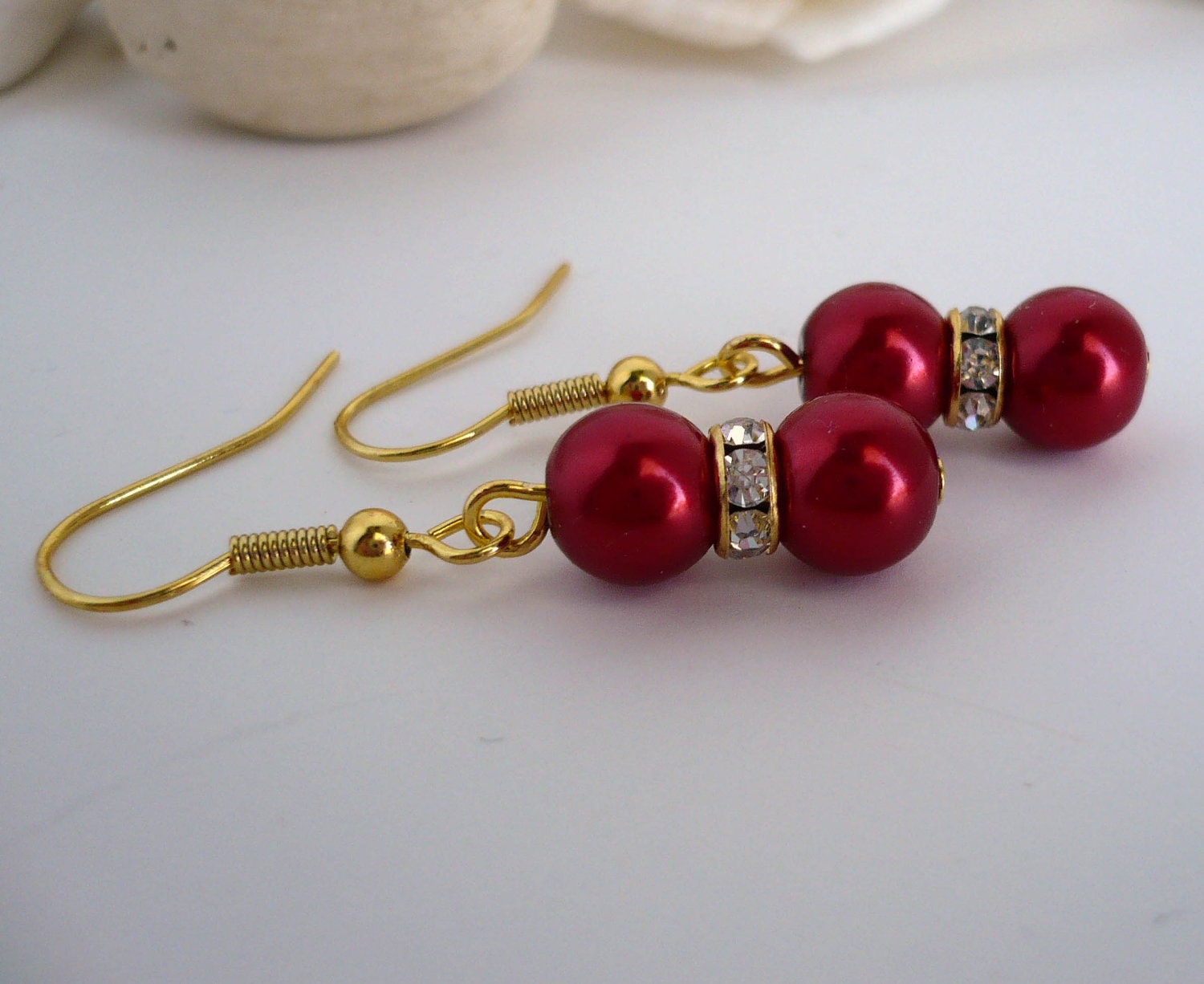 Red Bridesmaid Earrings - "The Original" - Red Pearls and Crystal Spacers with Gold Accents