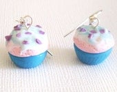 Strawberry Cream Cupcake Earrings, Clay Mini Food Earrings with Swirled Frosting and Purple Sprinkles, Cute Cupcake, Purple and Blue