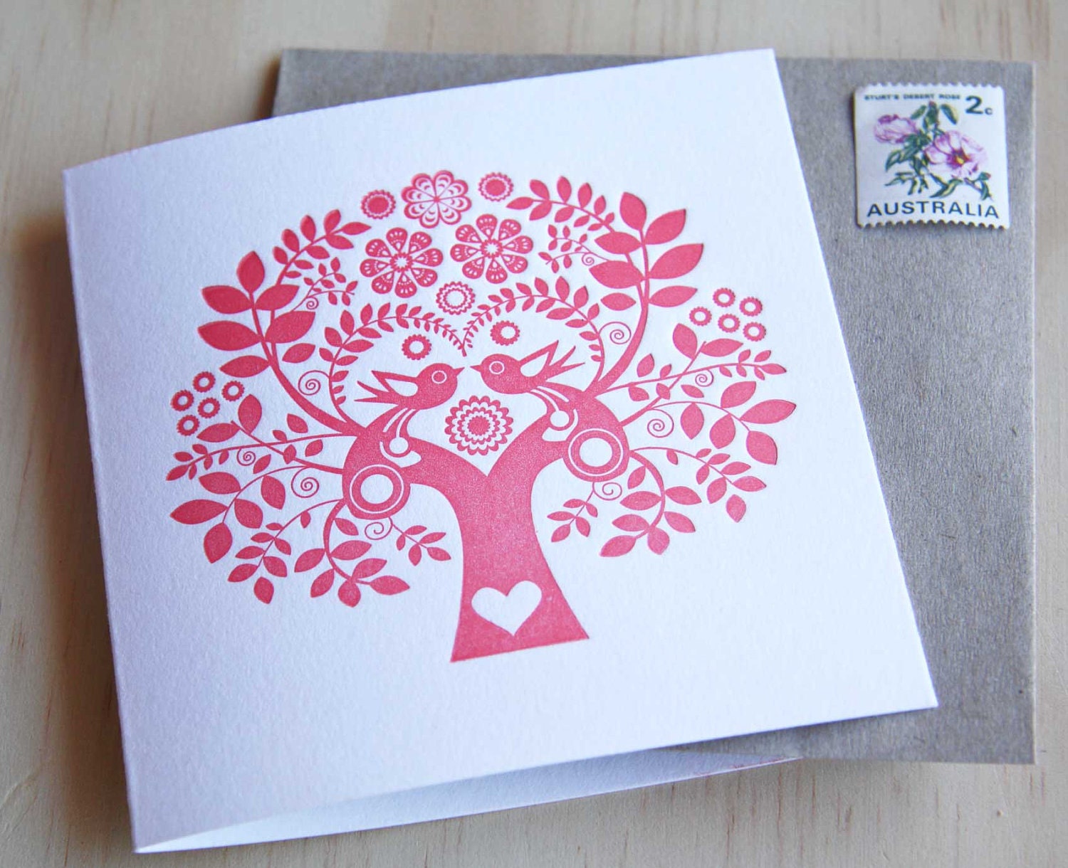 Mothers Day Spring, Letterpress Card Scandinavian Folk Style rose pink blush Tree of Life. Made in Australia