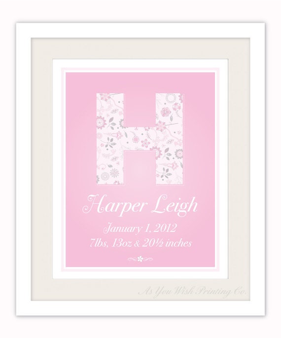 Custom Monogram Retro Floral 11x14 Birth Poster - Bubblegum Pink Nursery Wall Art for Baby Girl