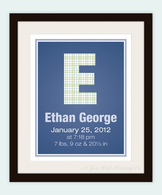 Navy Blue Plaid Custom Monogram 11x14 Birth Poster - Nursery Wall Art for Baby Boy