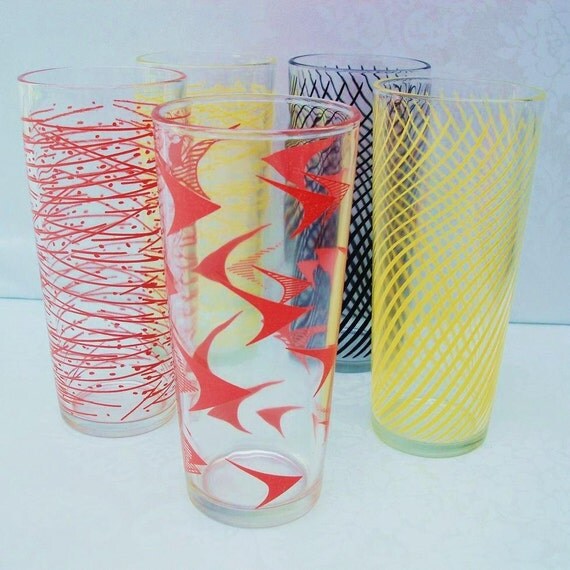 RESERVED for Ruby Lemonade Glasses: Vintage Glassware / Atomic Retro / Vintage Bar Glasses
