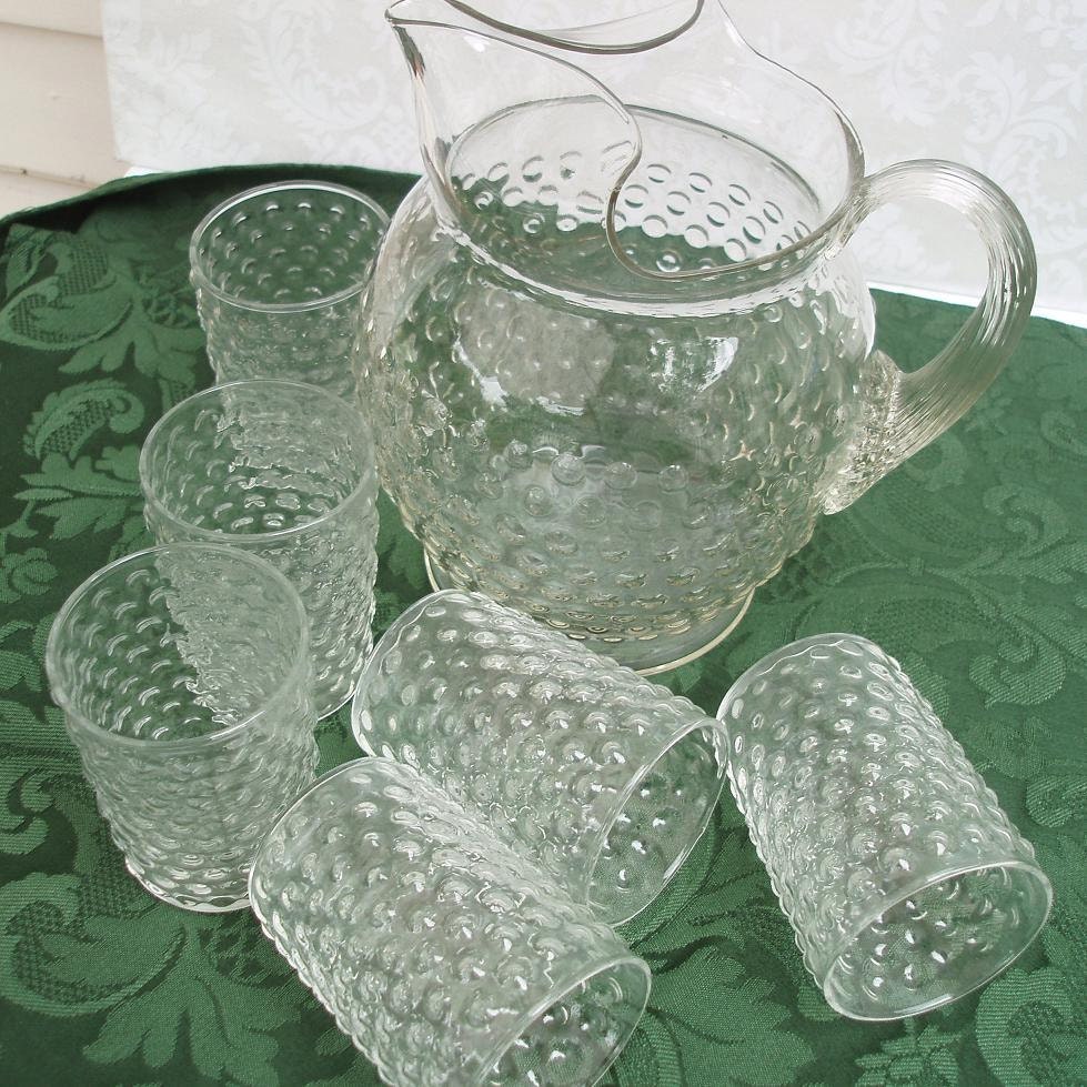 Hobnail Glass Pitcher, Hobnail Glasses, Vintage Glassware, Pitcher and Glasses