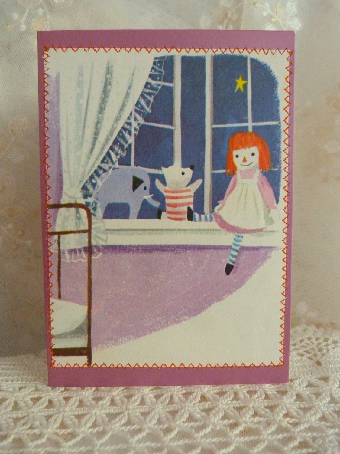 Recycled Story Book Card - lilac card with toys and a window - blank inside