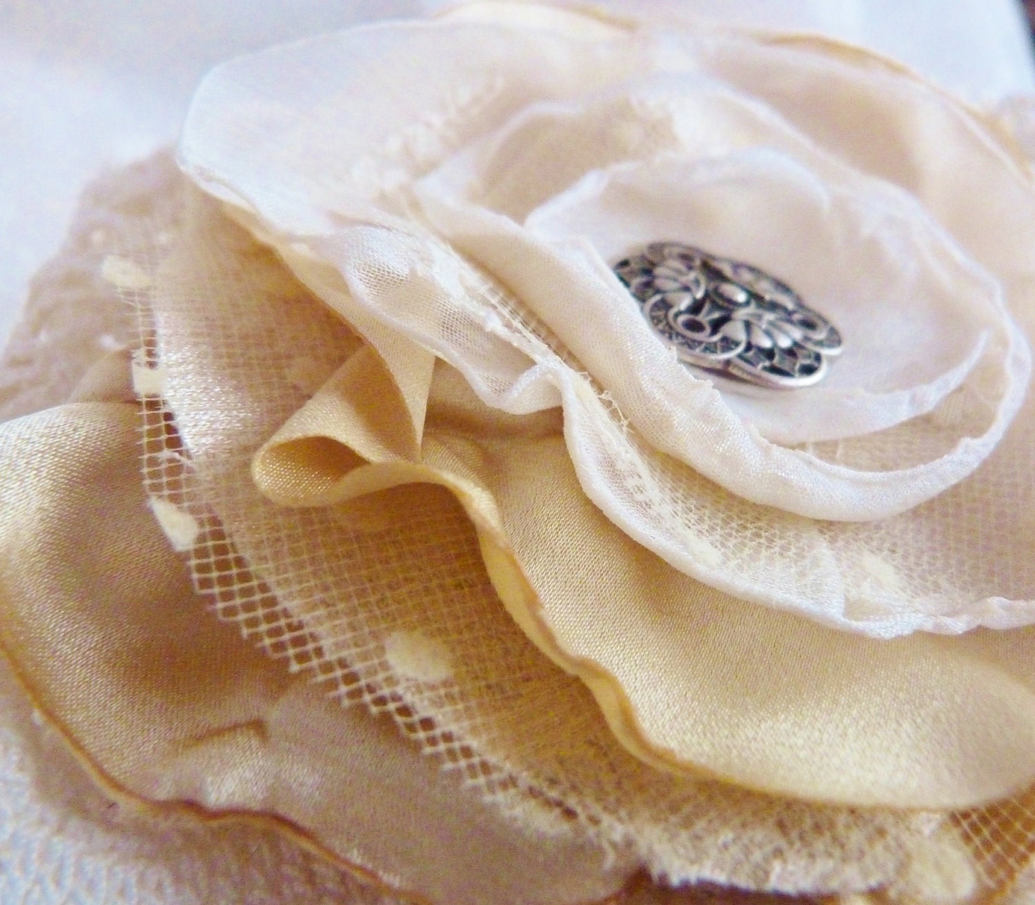 Cream and Gold Shabby Chic Hair Flower with Hairclip and Brooch Back