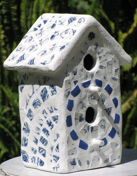 Vintage Blue and White English Transferware 2-Hole Mosaic Birdhouse - Decorative Birdhouse, Vintage China, Hand Made, Treasury Item