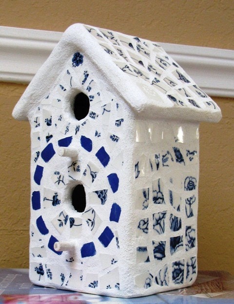 Vintage Blue and White English Transferware 2-Hole Mosaic Birdhouse - Decorative Birdhouse, Vintage China, Hand Made, Treasury Item