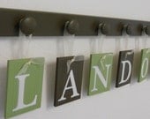 Nursery Decorations Wooden Letters. Set Includes 6 Pegs and Custom Baby Name LANDON painted Light Green and Brown. Personalized Baby Gift