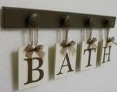 BATH Sign Custom Hanging Letters Set Includes 4 Wooden Peg Display Shelf and letters Painted Chocolate Brown. Restroom Wall Decorating Idea.