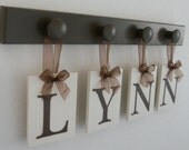 LYNN Baby Name Wall Hanging Nursery Wall Art Monogram Kids Hanging Wood Letters Set includes Matching 4 Hooks Painted Chocolate Brown