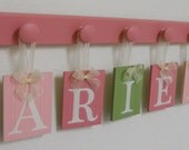 Green Pink Wall Letters Baby Name Wall Hanging for ARIEL with 5 Wood Hooks Nursery Decor
