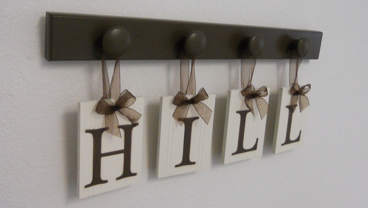 Personalized Family Name Signs Wall Decor Includes 4 Hooks and Wood Letters HILL - Brown. Custom Family Name Wedding Gifts