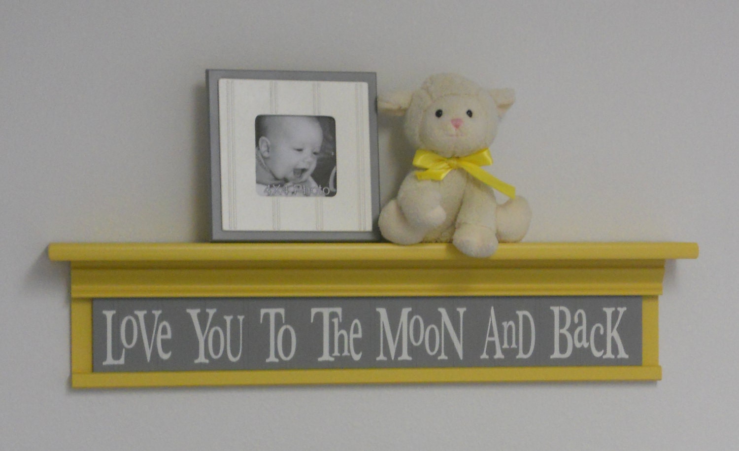 Yellow and Grey Baby Nursery Decor - Baby Wall Decor Gray Yellow Sign and 30" Shelf - Love You To The Moon And Back