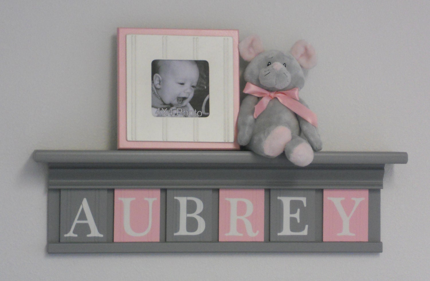 Gray and Pink - Pastel Pink Baby Girl Nursery Decor - AUBREY - 24" Grey Shelf with 6 Wooden Letters