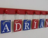 Children's Decor - Personalized Names - Wall Hangings Set for ADRIAN Red and Blue Letters with Matching 6 Wooden Pegs in Red