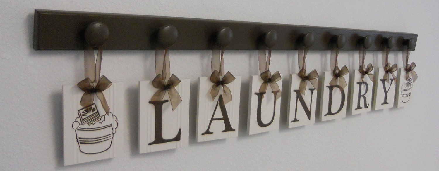 Laundry Room Wall Decor includes Wooden 9 Peg Hanger and LAUNDRY, Washboard and Bucket in Chocolate Brown