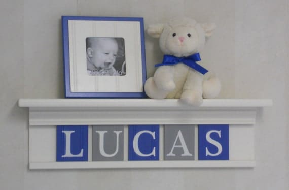 Blue and Gray Baby Boy Nursery Decorations - Baby Name Sign for LUCAS - 24" Shelf 5 Wooden Letter Tiles