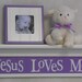 Purple Nursery Decor - Jesus Loves Me - Sign on 24" Linen White Shelf with Lavender Sign Unique Christian Wall Art for Nursery