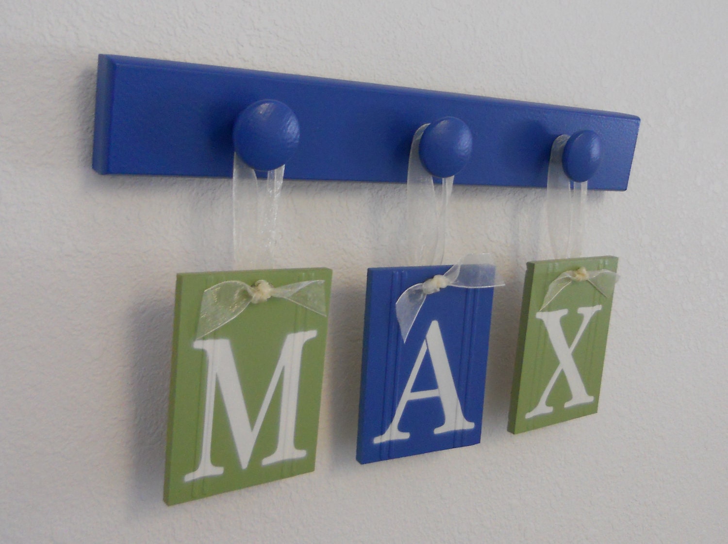 Children Name Hanging Letters Nursery Decor - MAX Set Includes 3 Wooden Pegs in Blue and Light Green