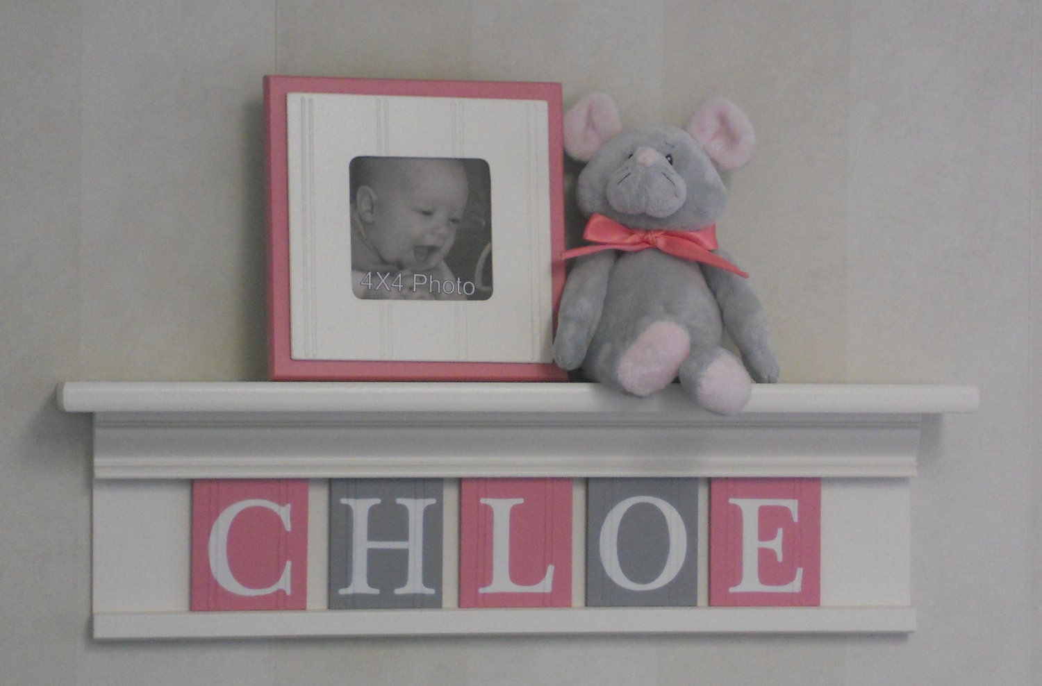 Gray Pink Newborn Baby Girl Nursery Decorations - Baby Name Sign for CHLOE - 24" Shelf 5 Pink and Gray Wooden Letters