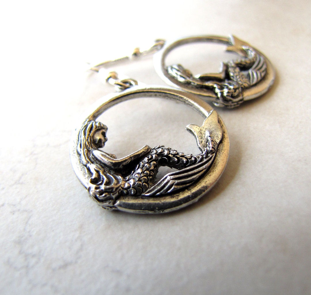Mermaid Earrings Mermaid Ocean Beach Silver Charm Earrings BellinaCreations Bellina Creations