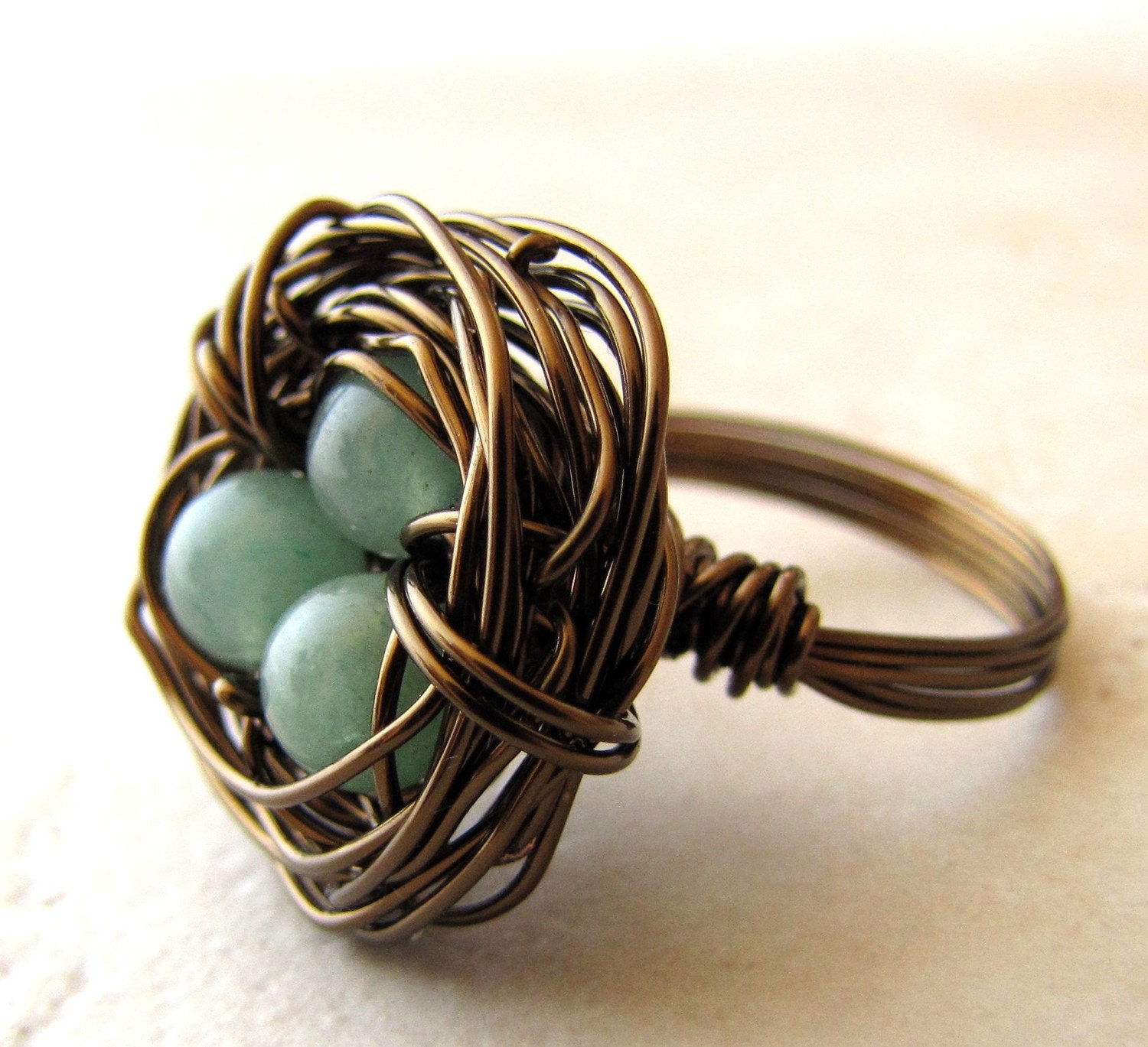 Birds Nest Ring Green Jade Bronze Wire Wrapped