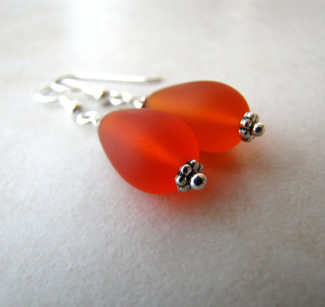 Sea Glass Seaglass Earrings Red Orange BellinaCreations Bellina Creation