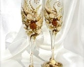 Wonderful Wedding champagne glasses, elegant toasting flutes in ivory, gold and brown, set of 2