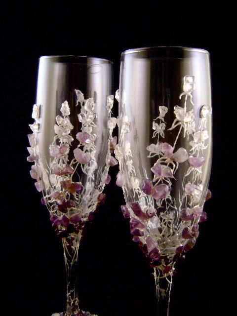 Lavender champagne flutes, wedding glasses, decorated with natural semi precious stones (amethyst, garnet and white crystal)