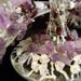 Lavender champagne flutes, wedding glasses, decorated with natural semi precious stones (amethyst, garnet and white crystal)