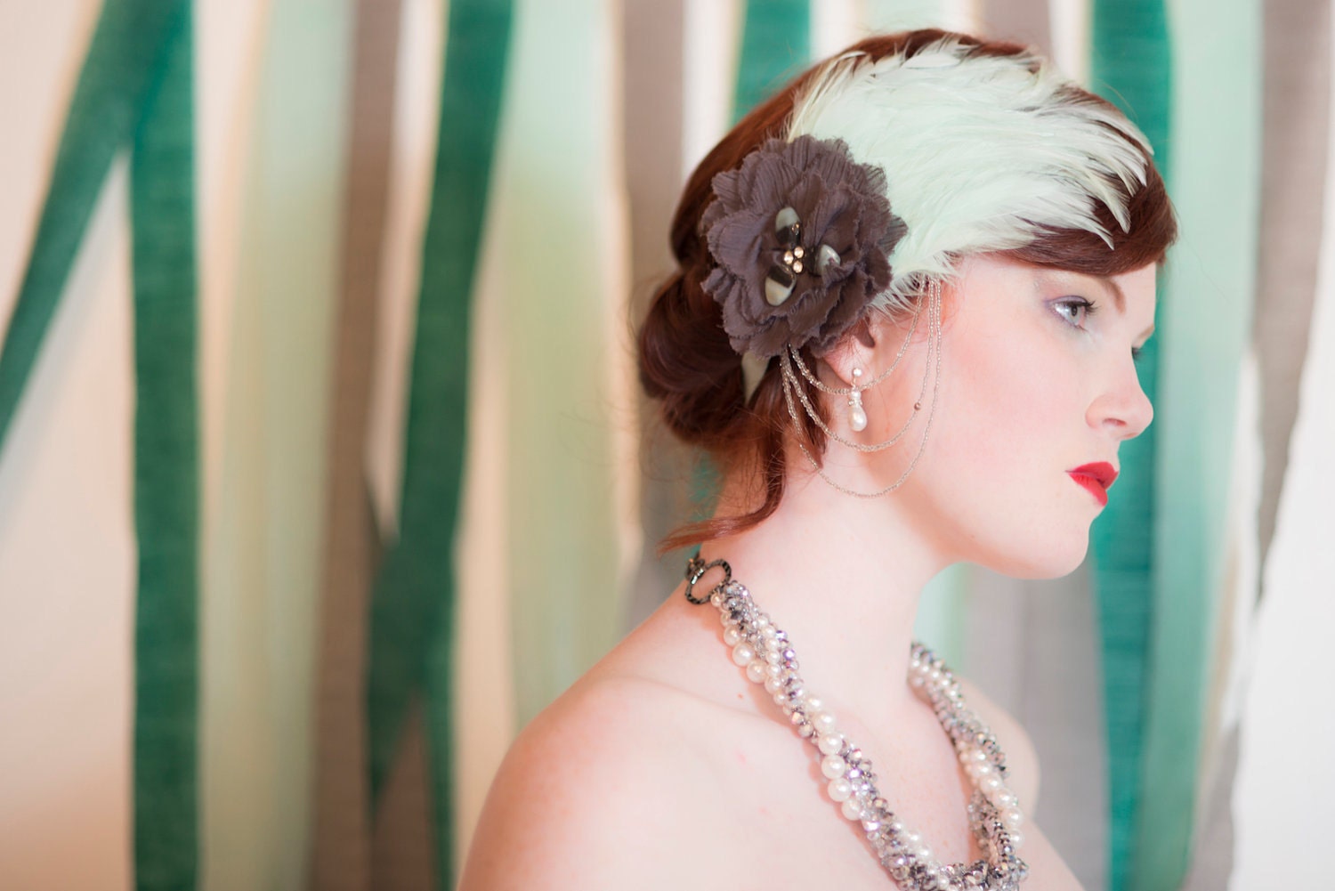 Seafaring Siren Bridal Prom Headpiece Feather Fascinator Mint Green Wedding Headband Flapper Millinery