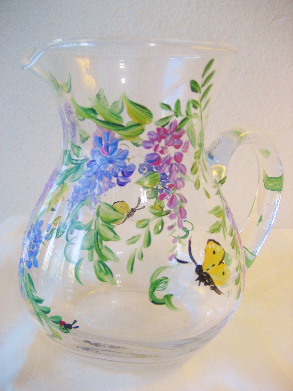 handpainted glass pitcher with wisteria, mother's day gift,spring celebration