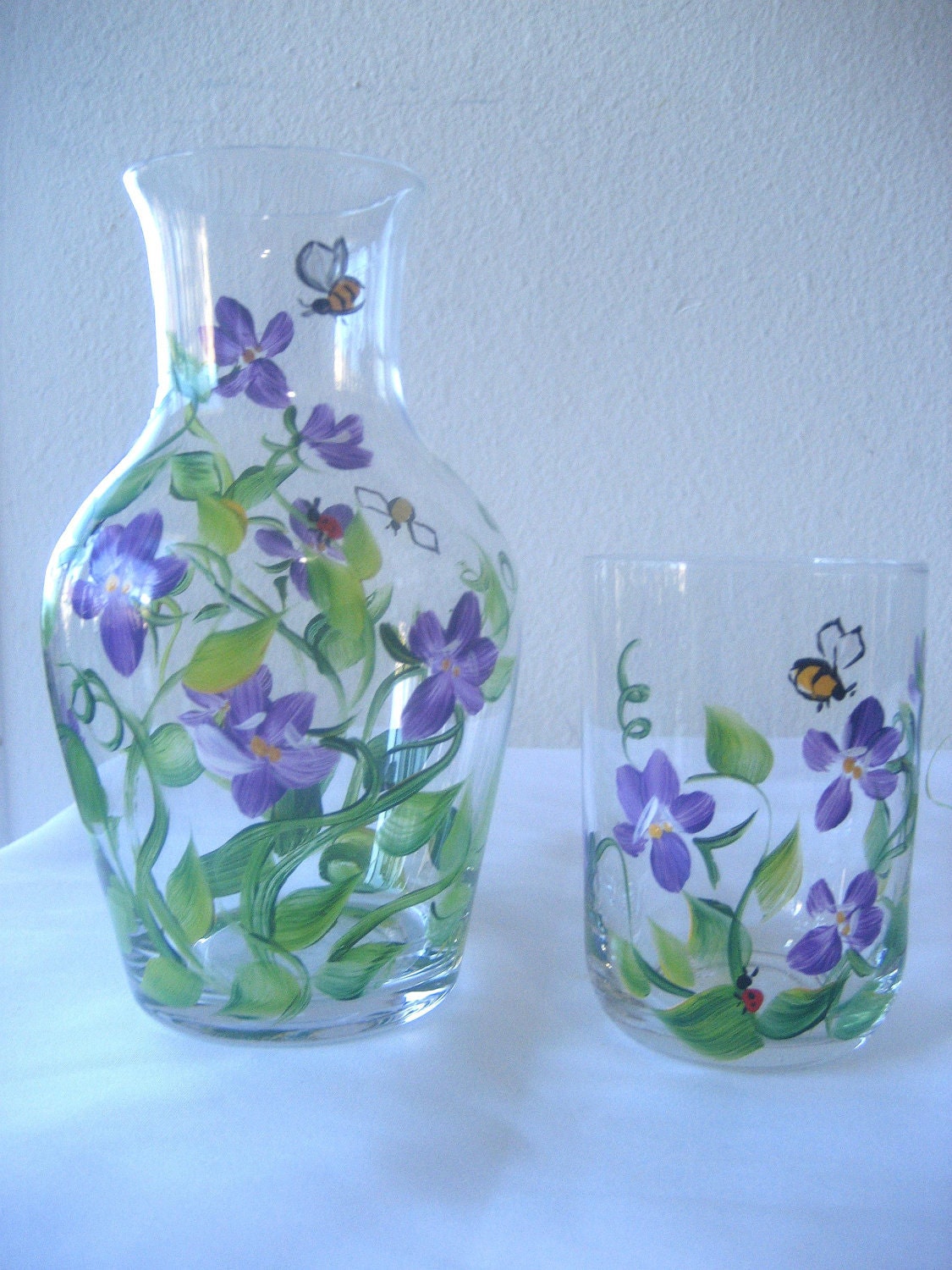 Hand painted bedside carafe with violets,gift for mom,purple flower,wedding favor